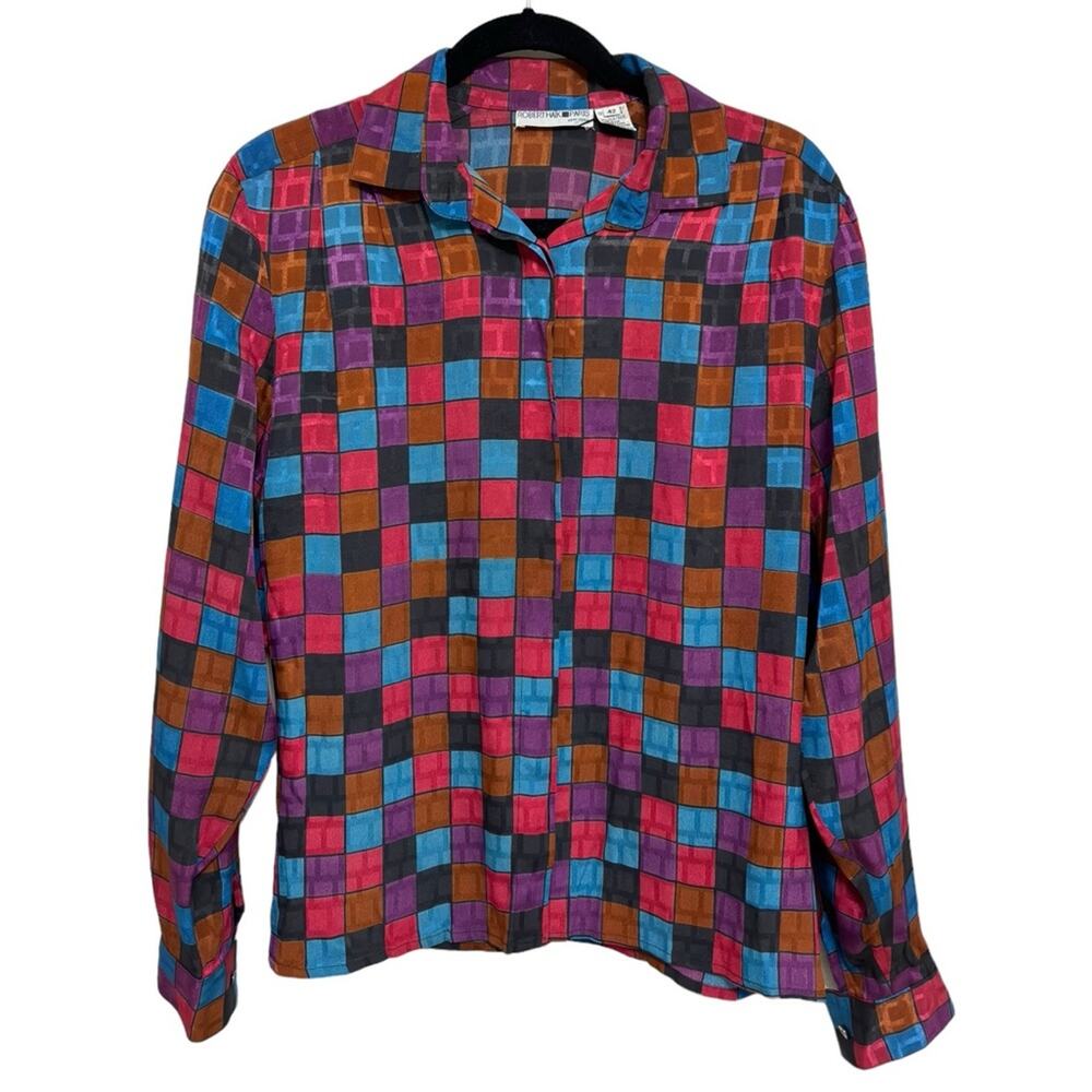 Vintage Robert Haik Paris Silk Blend Multicolor Check Blouse - Size 42 (US XL)